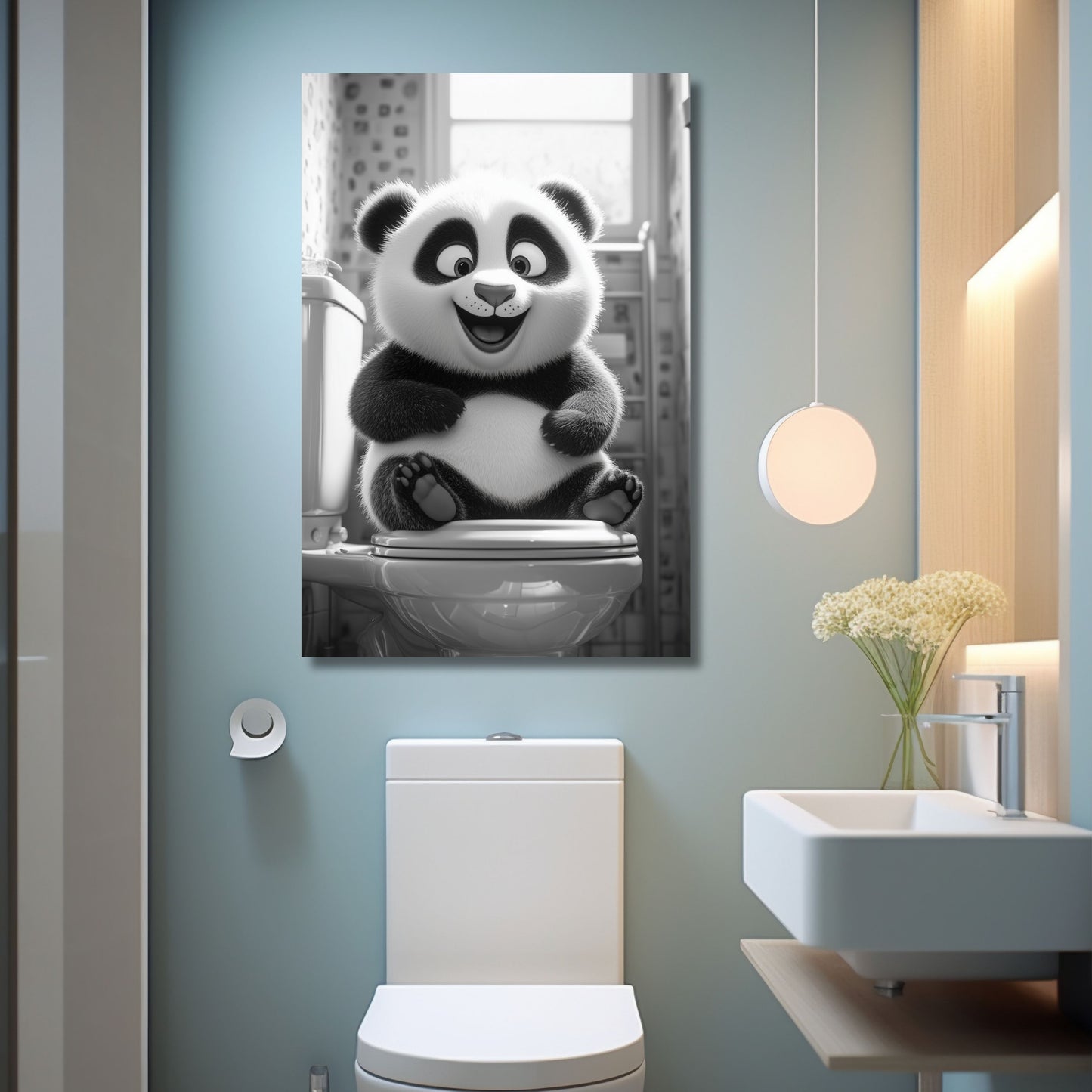 Lustiges Wandbild – Baby-Panda Bär auf Toilette