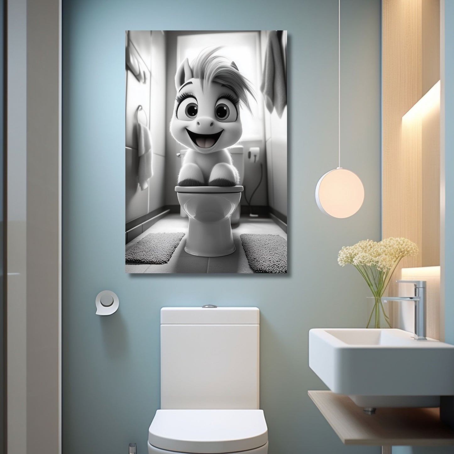 Lustiges Wandbild – Baby-Pony auf Toilette