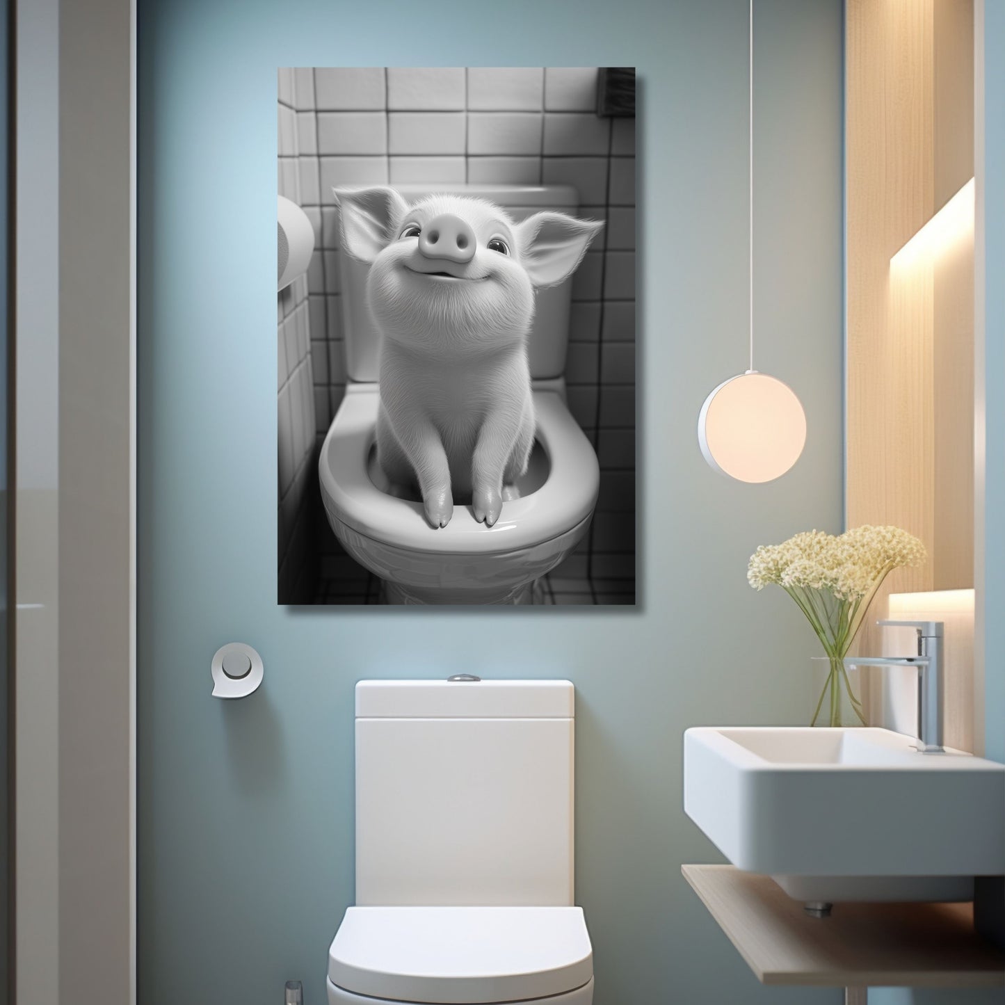 Lustiges Wandbild – Baby-Ferkel auf Toilette