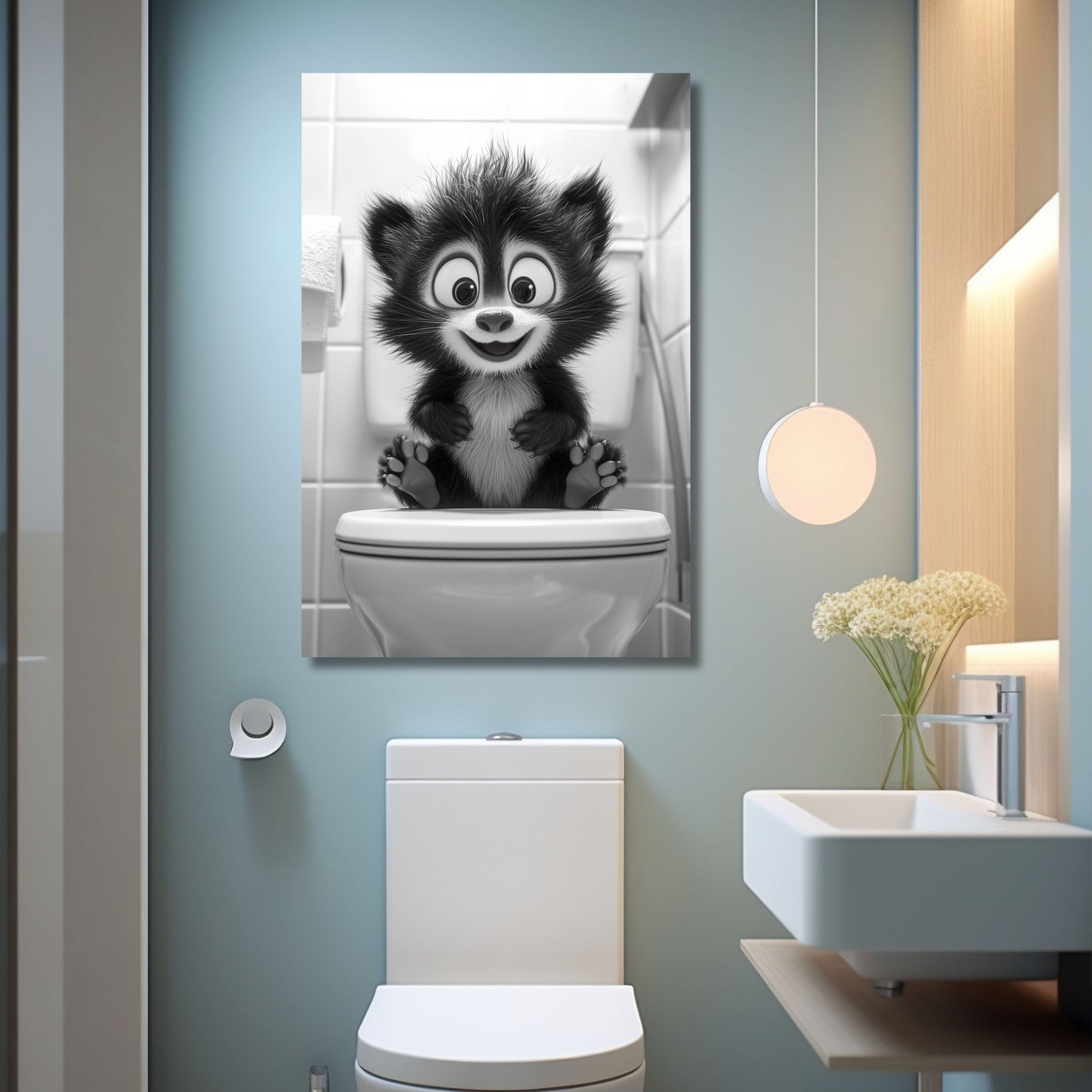 Lustiges Wandbild – Baby-Stinktier auf Toilette