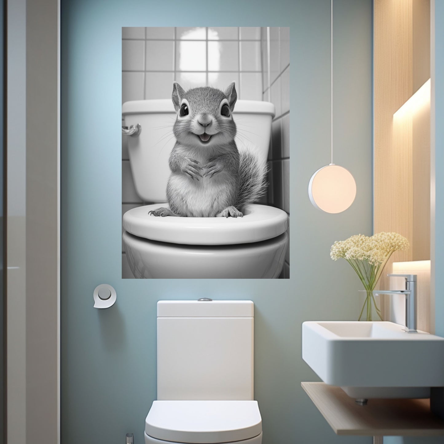 Lustiges Wandbild – Baby-Eichhörnchen auf Toilette