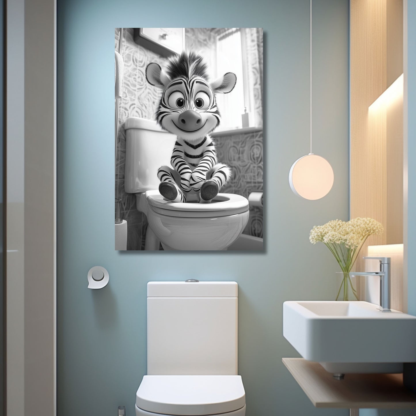 Lustiges Wandbild – Baby-Nashorn auf Toilette