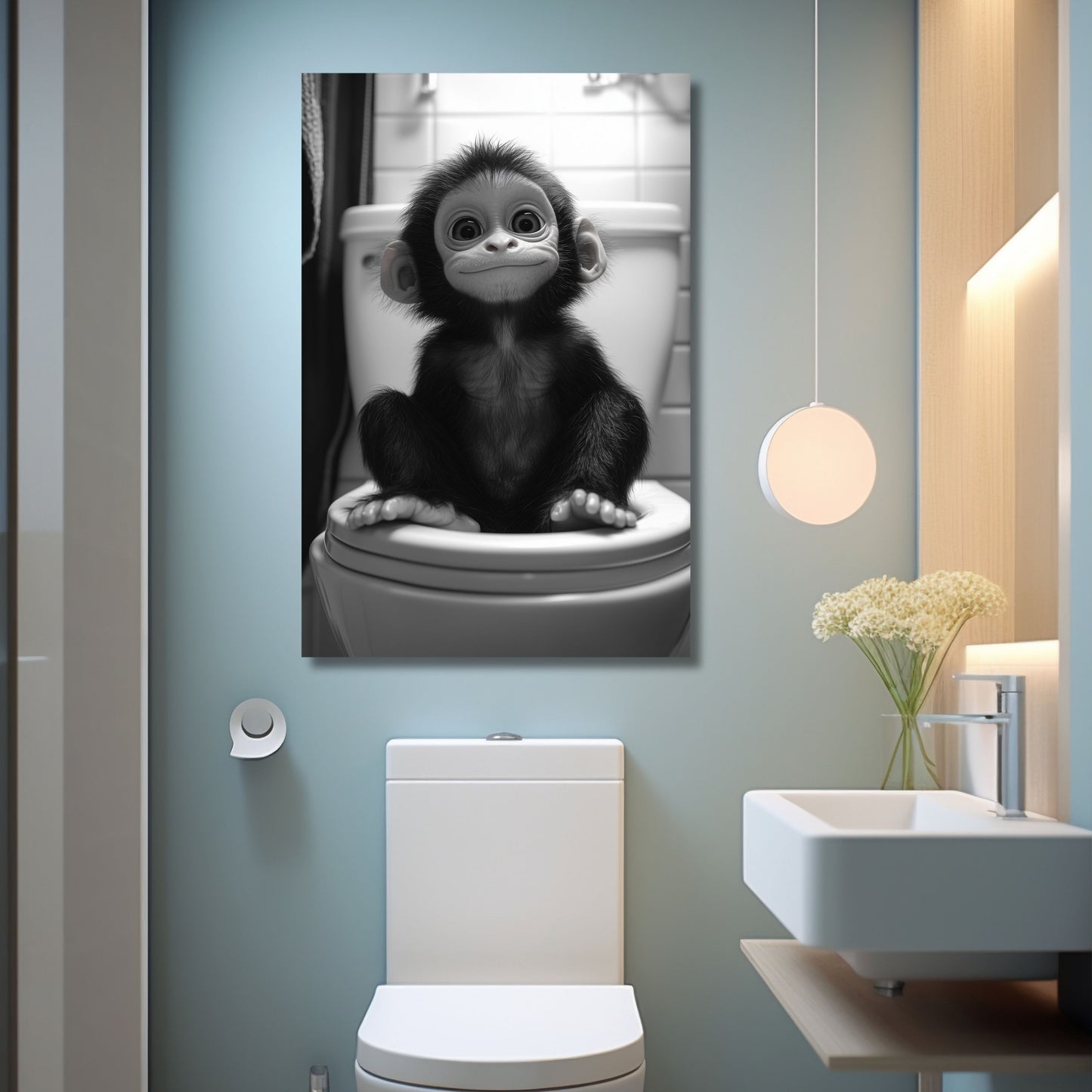 Lustiges Wandbild – Baby-Affe auf Toilette