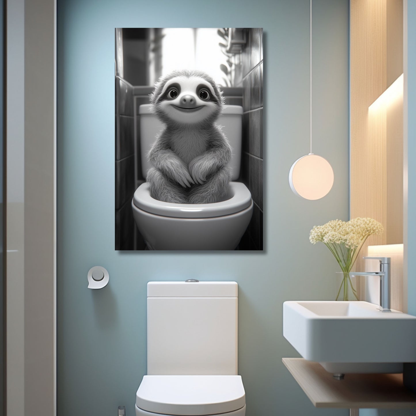 Lustiges Wandbild – Baby-Faultier auf Toilette