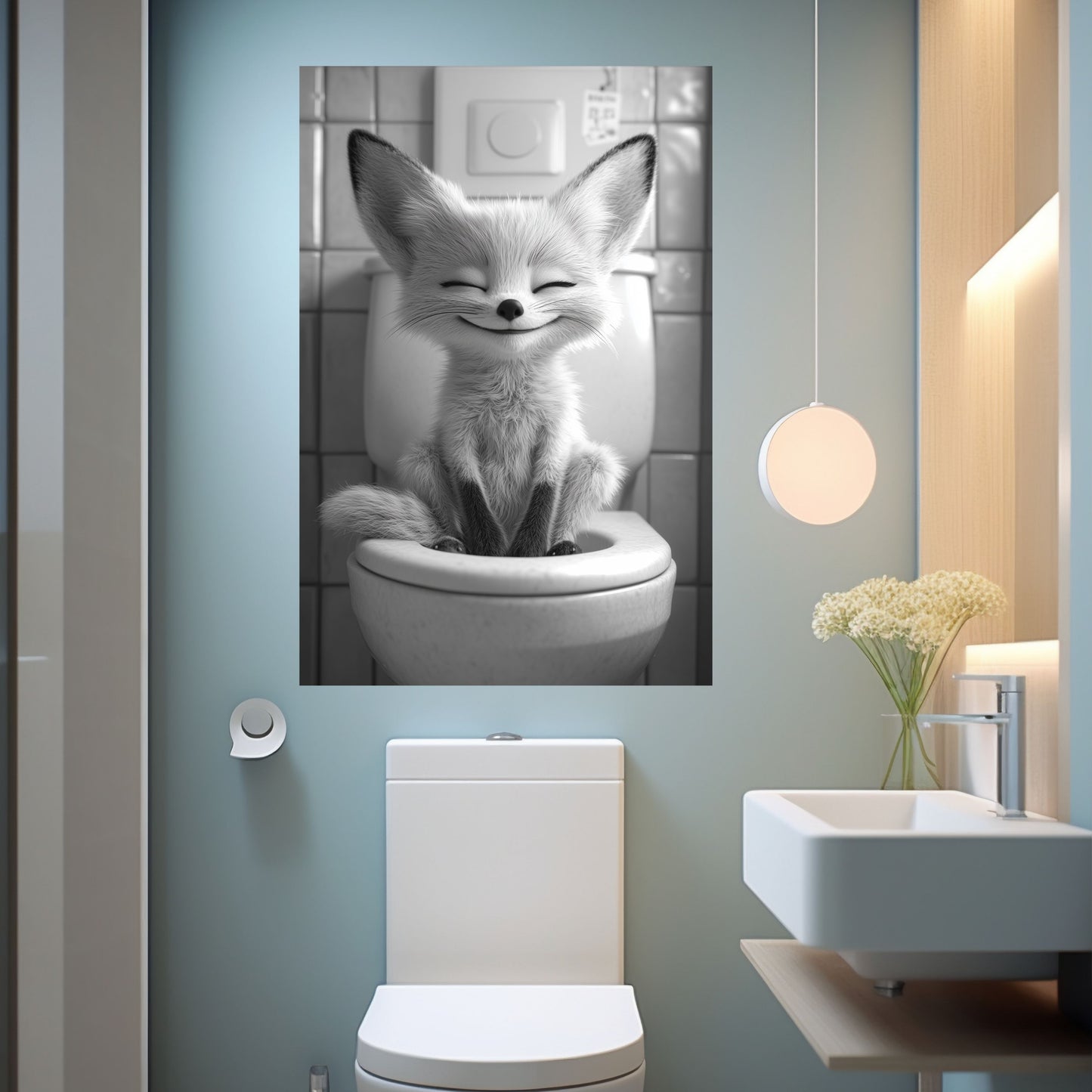 Lustiges Wandbild – Baby-Fuchs auf Toilette