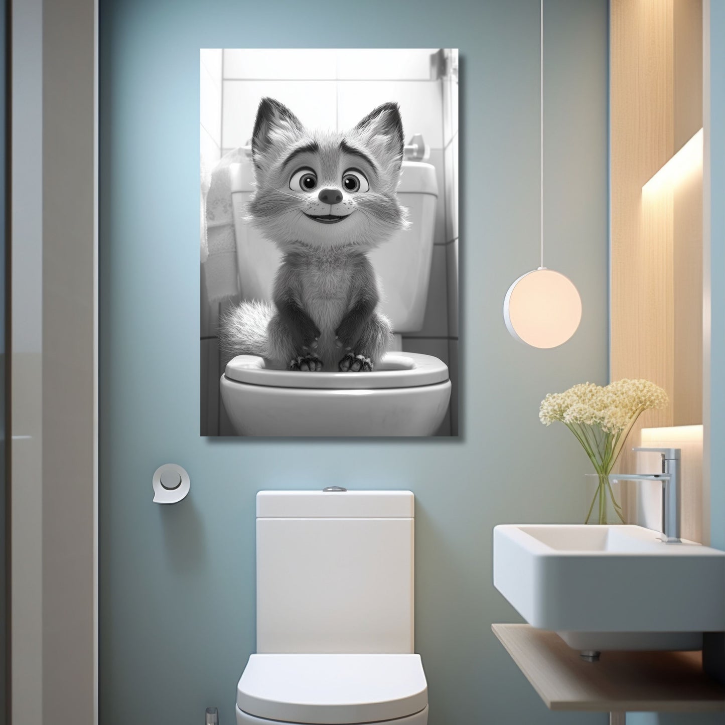 Lustiges Wandbild – Baby-Fuchs auf Toilette