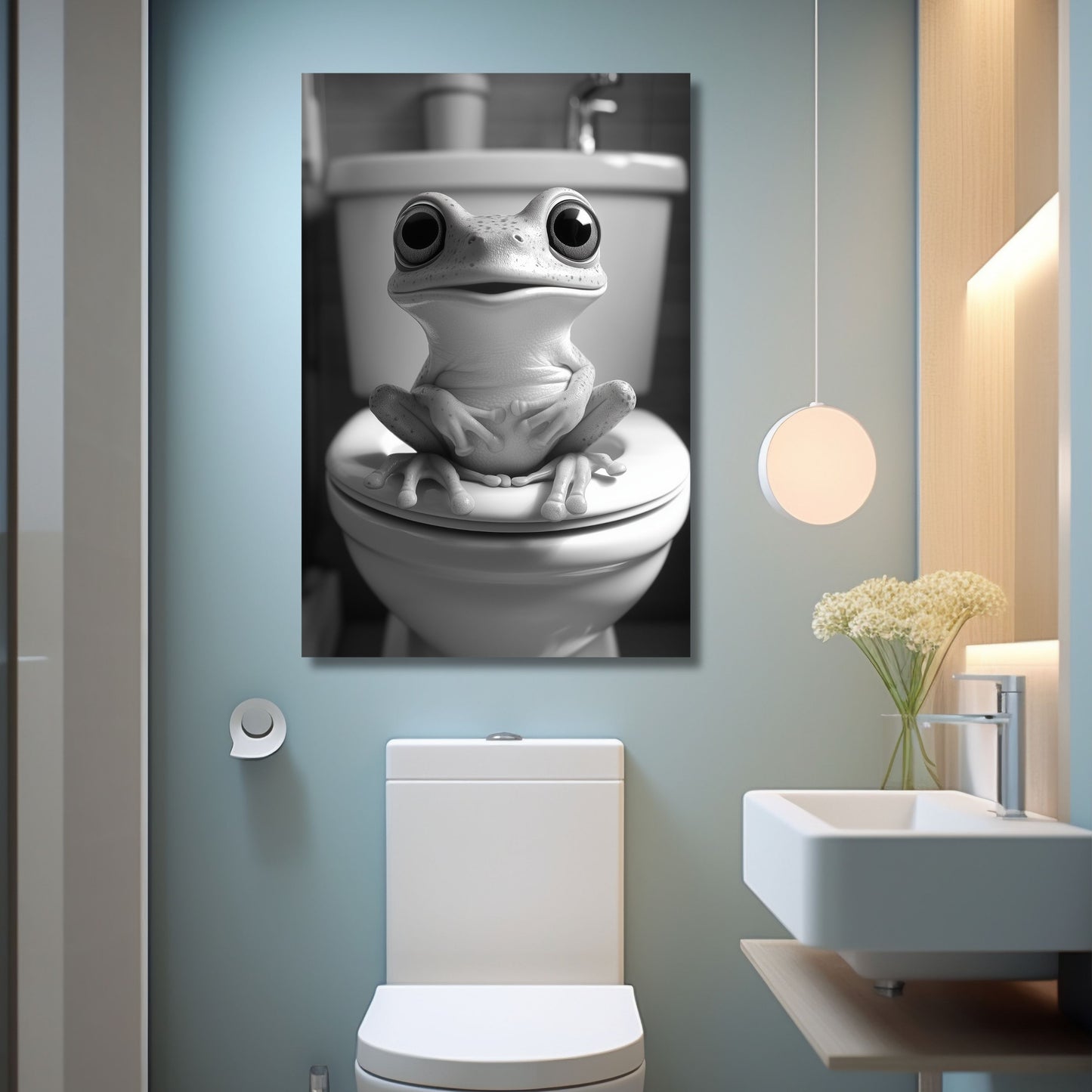 Lustiges Wandbild – Baby-Frosch auf Toilette