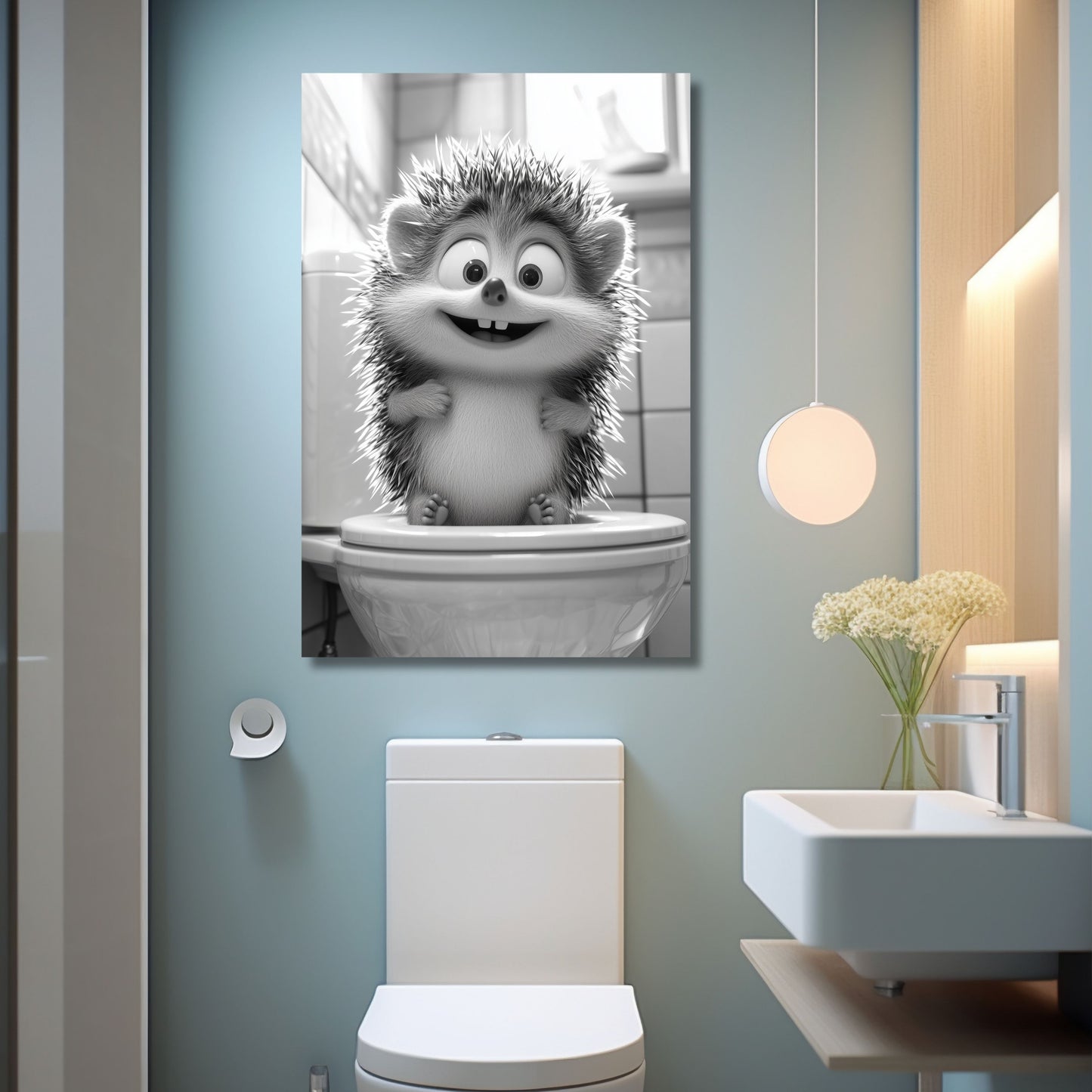 Lustiges Wandbild – Baby-Igel auf Toilette