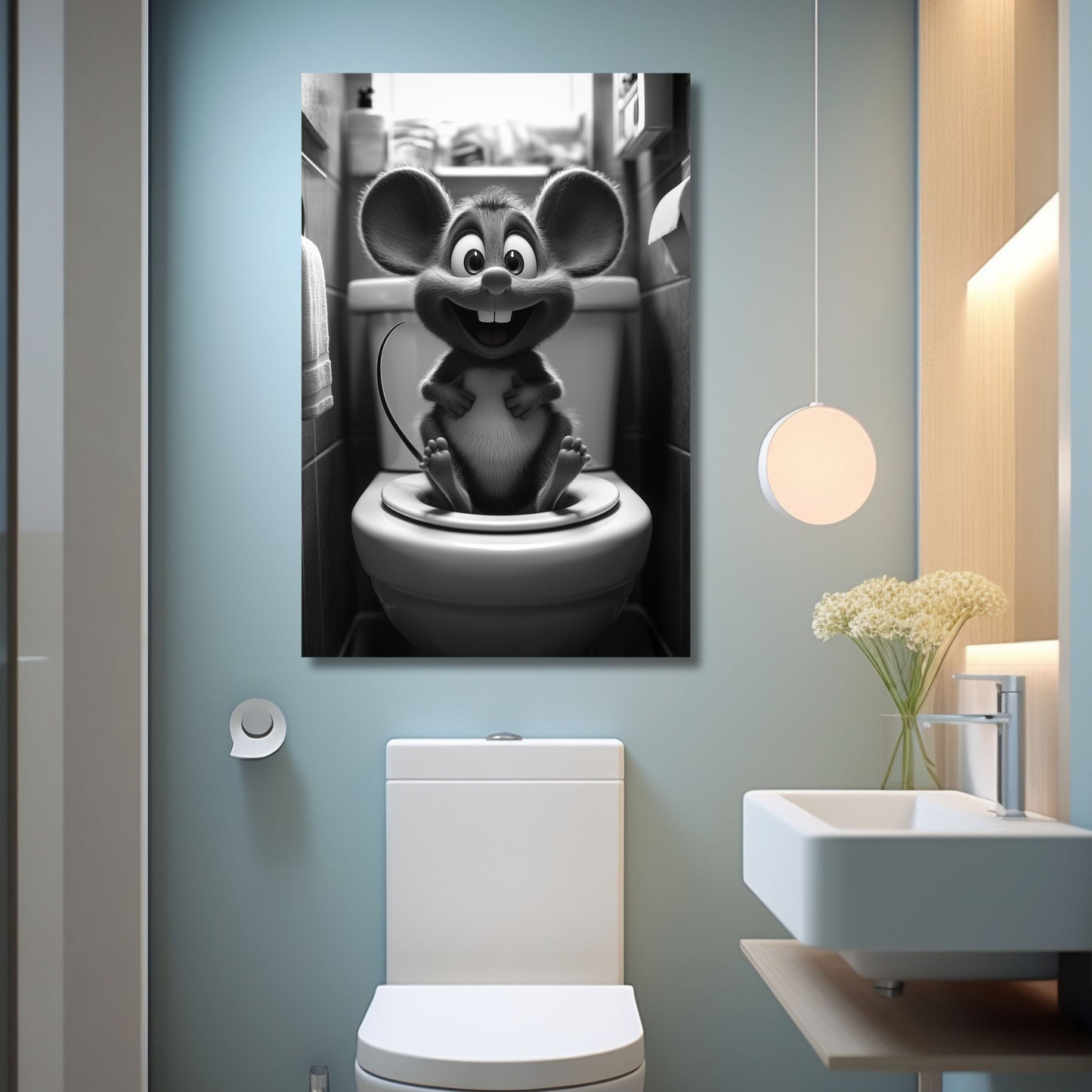 Lustiges Wandbild – Baby-Maus auf Toilette